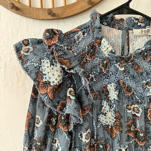 Sea New York Lucinda Seersucker Flutter Sleeve High Neck Ruffle Midi Dress - Picture 9 of 16